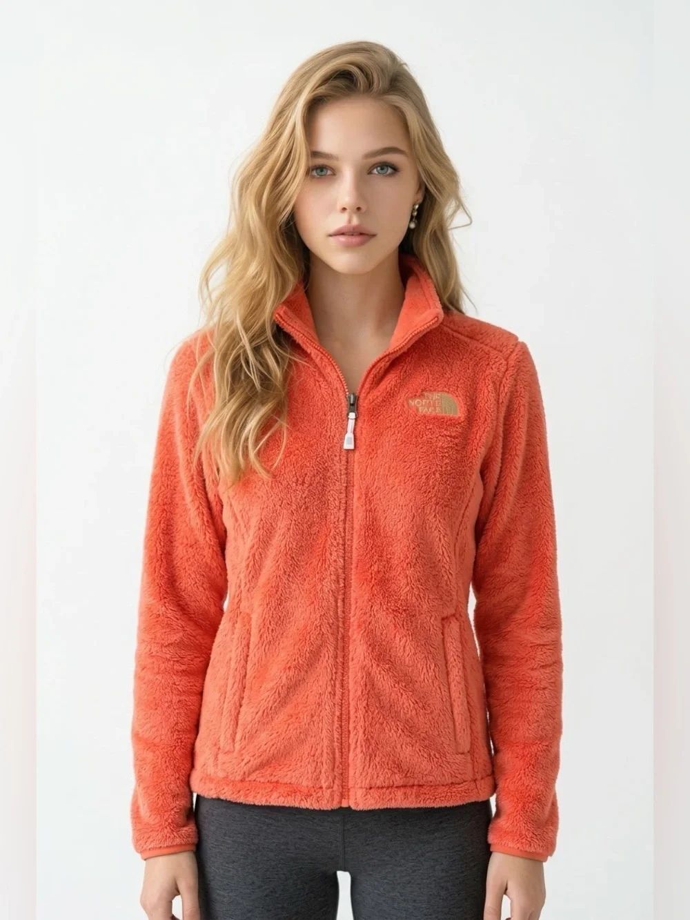 The North Face Women's Coral Orange Teddy Fleece Zip Jacket